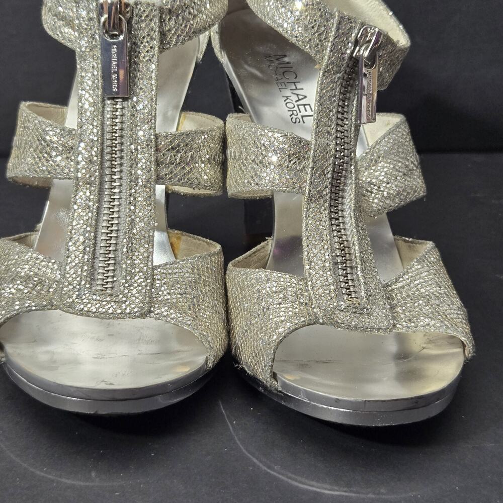 Michael Kors Women's Berkley Size 7.5 High Heel Silver Glitter Zip Sandal Shoes - Picture 12 of 16